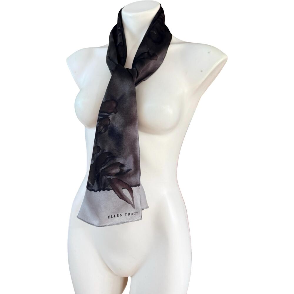Vintage Ellen Tracy 90s Silk Scarf Gray Black Floral Formal NWOT 11x52 - Picture 7 of 10
